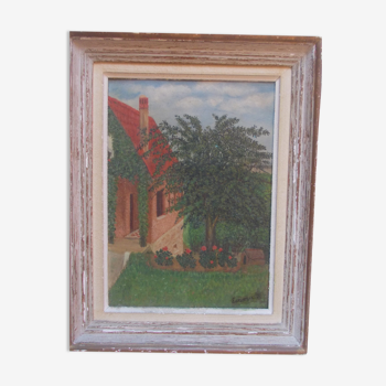 Painting painted on panel hsp country house signed emma b naïve style, wooden frame