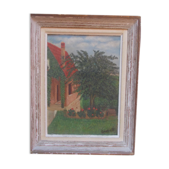 Painting painted on panel hsp country house signed emma b naïve style, wooden frame
