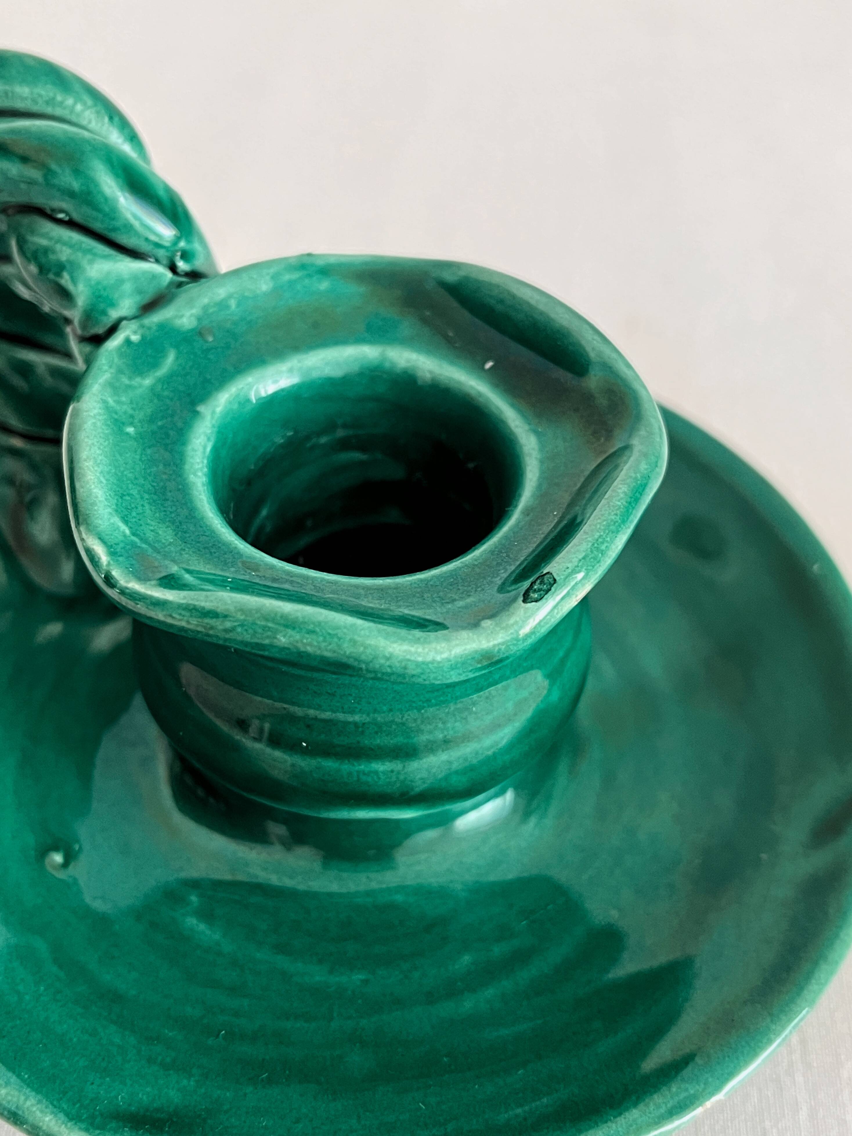 Vintage green ceramic candle holder with twisted handle