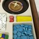 Unique 1960s bedside table with 15 complete games, compass legs, 1960s