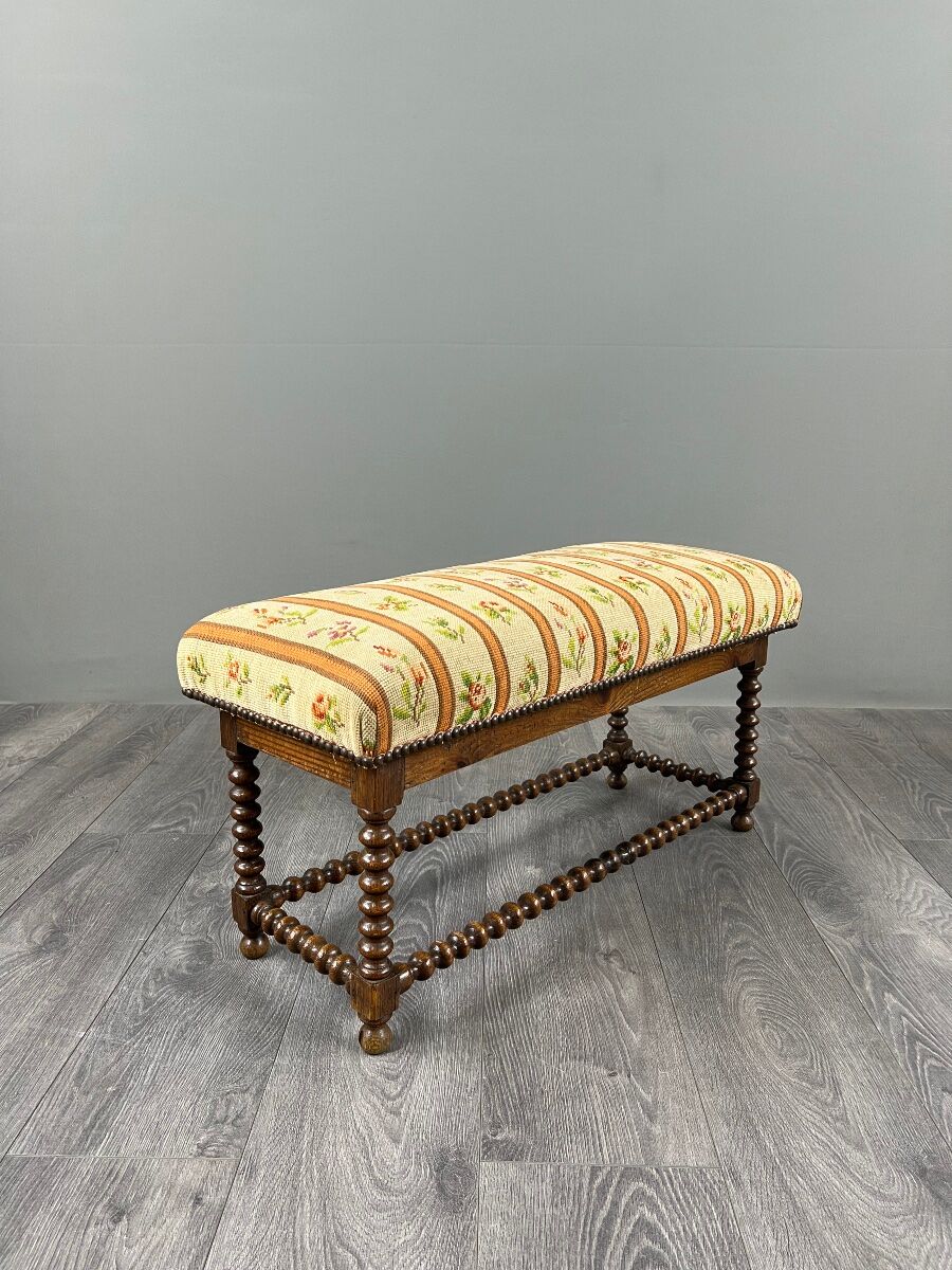 Antique Turned Wood Bench, Floral Tapestry Seat, 20th Century