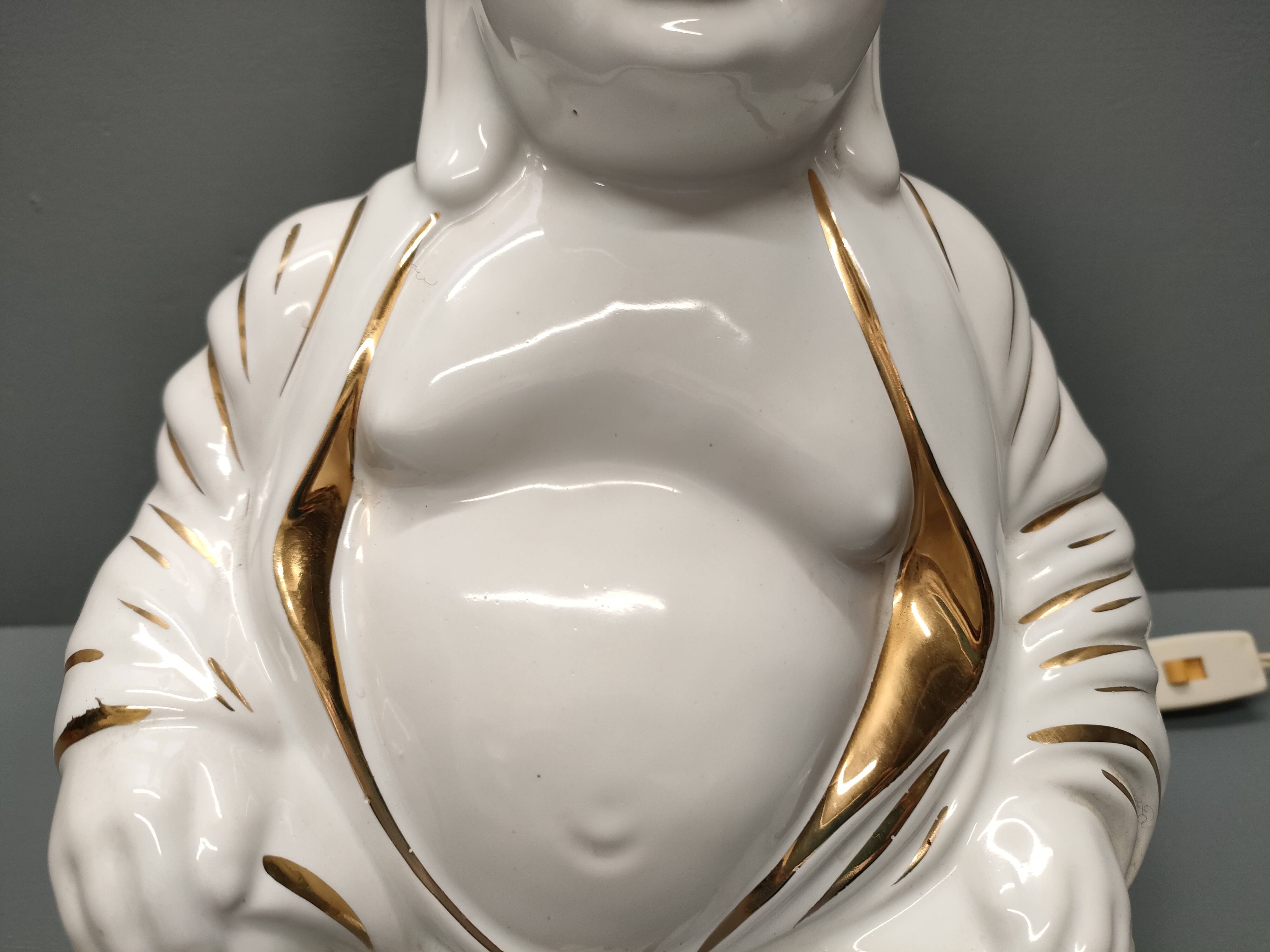 Seated Buddha lamp base ~ glazed and gold white ceramic ~ 80s