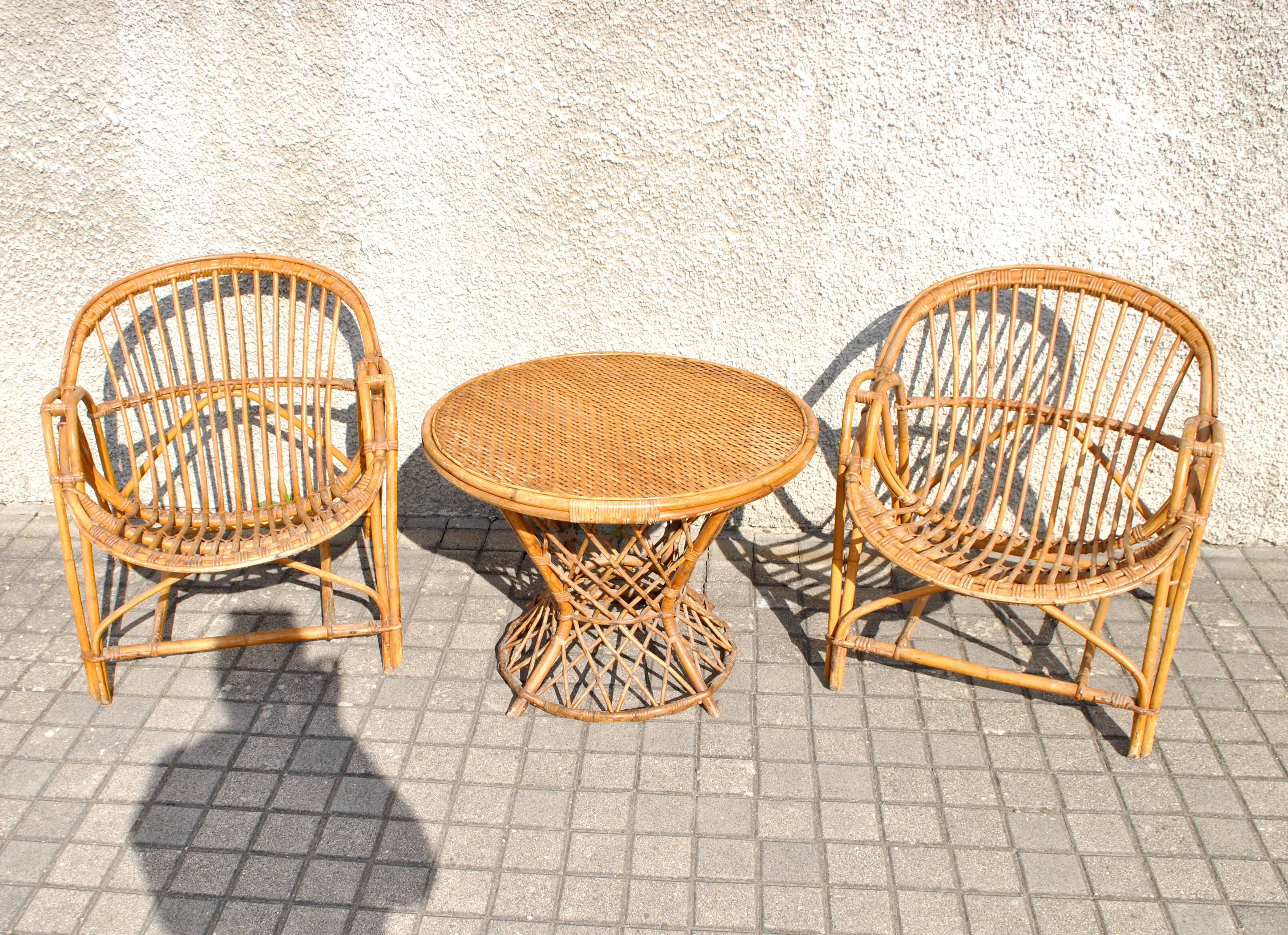 Vintage balcony garden furniture armchairs and table bamboo and rattan 1960