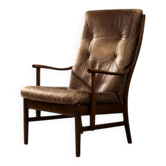 Fauteuil haut vintage en hêtre et cuir danois du milieu du siècle de Farstrup Møbler