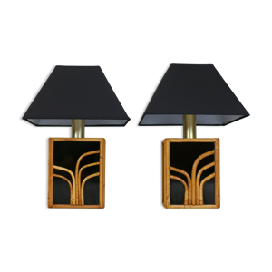 paire de lampes verre noir et rotin, France, circa 1970. Electricité d'époque. Design chic