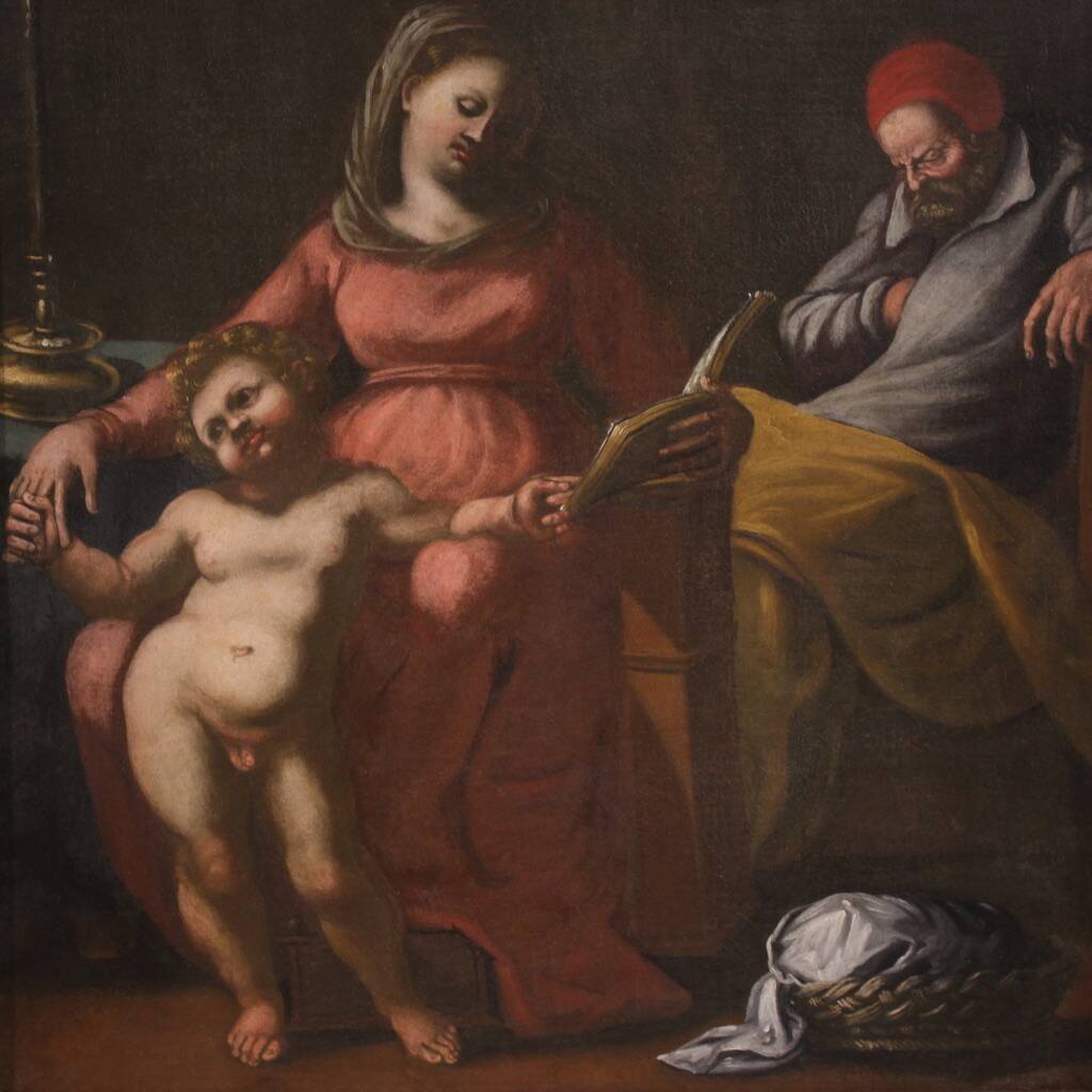 Peinture italienne antique du 17ème siècle, Sainte Famille.
