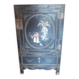 Small chinese lacquered furniture in black with mother-of-pearl inlays / 1 door / 1 drawer