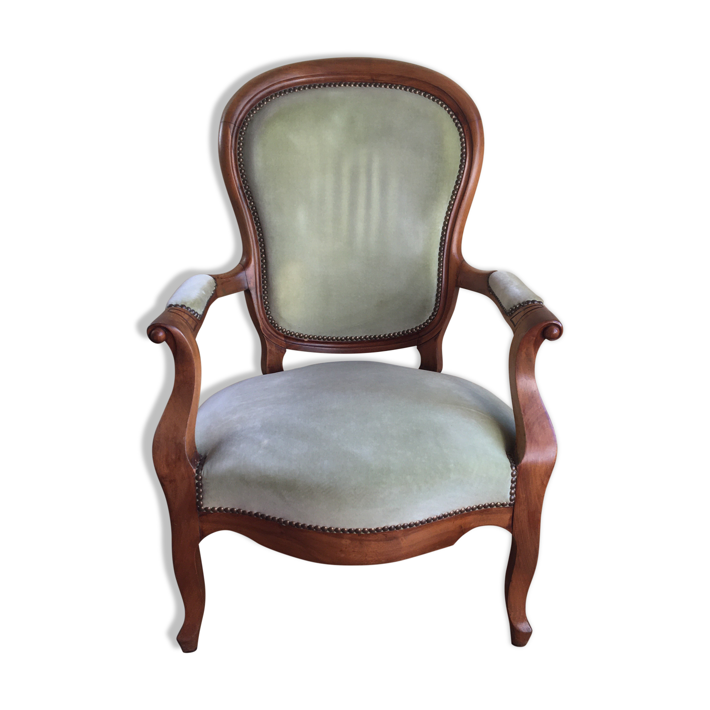 Fauteuil Voltaire velours vert amande Louis Philippe