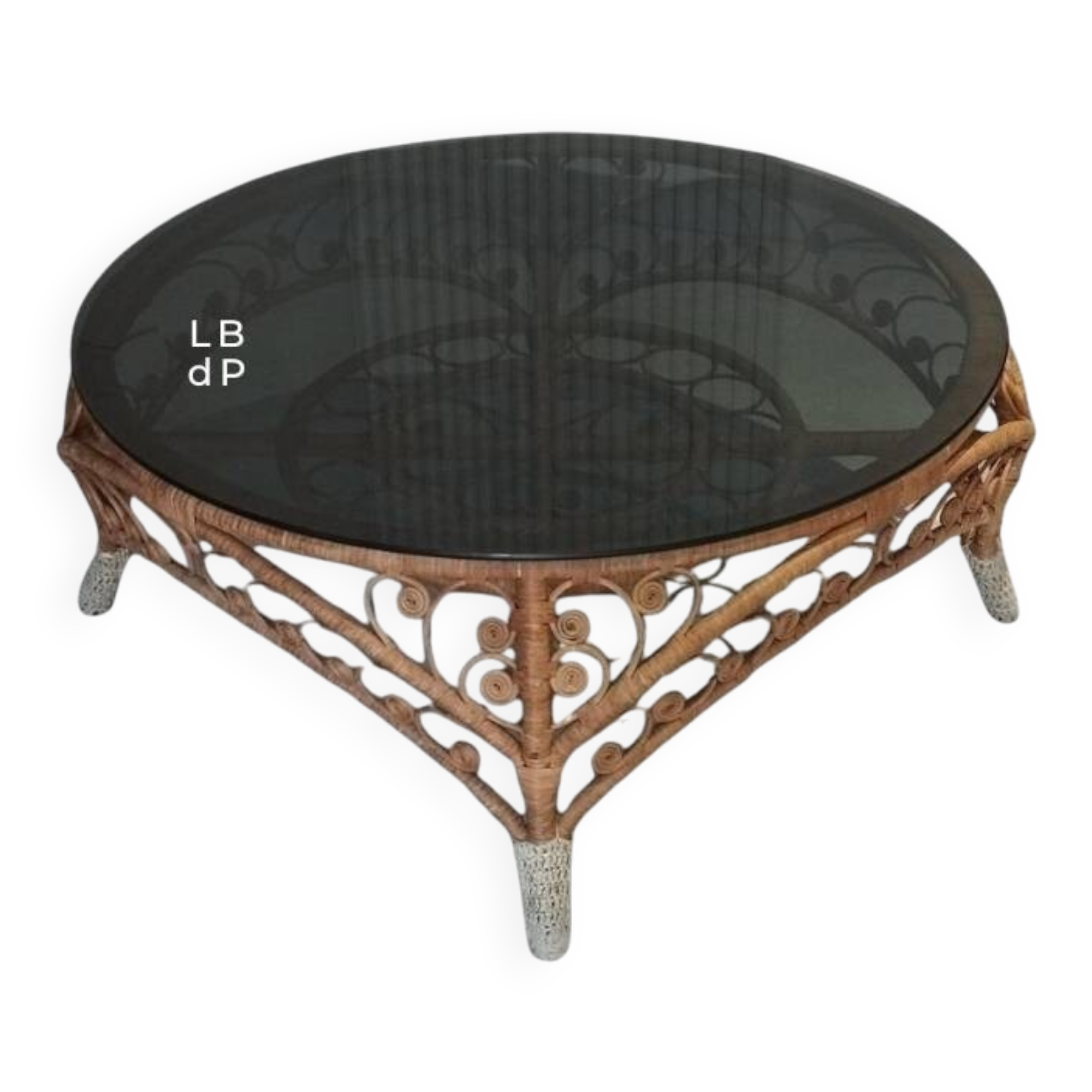 Large Peacock-French Riviera coffee table in rattan, bamboo, glass, vintage.