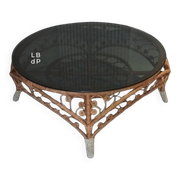 Large Peacock-French Riviera coffee table in rattan, bamboo, glass, vintage.