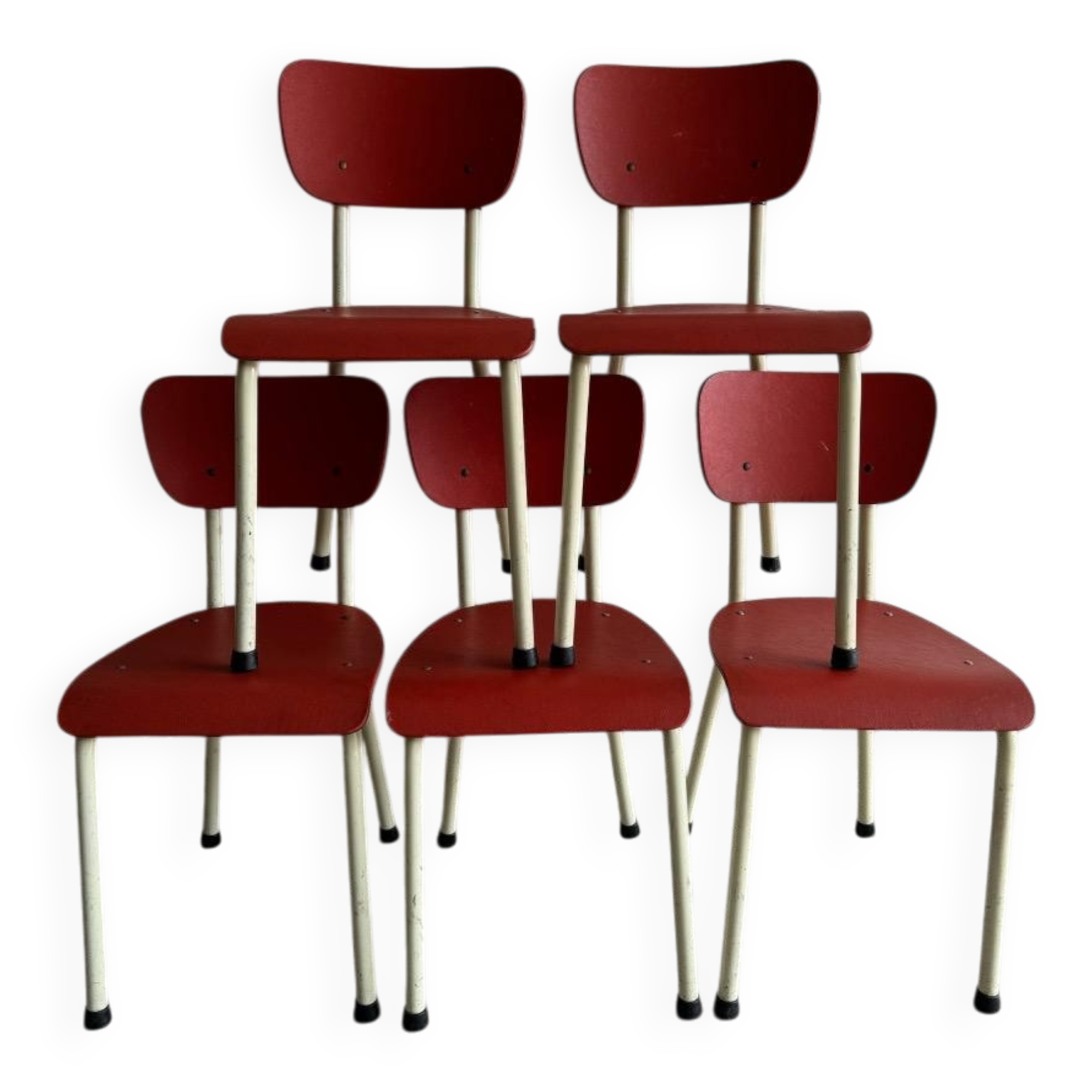 Set de 5 chaises Brabantia en contreplaqué laqué rouge et métal crème, design néerlandais des années 1960.
