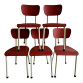 Set de 5 chaises Brabantia en contreplaqué laqué rouge et métal crème, design néerlandais des années 1960.