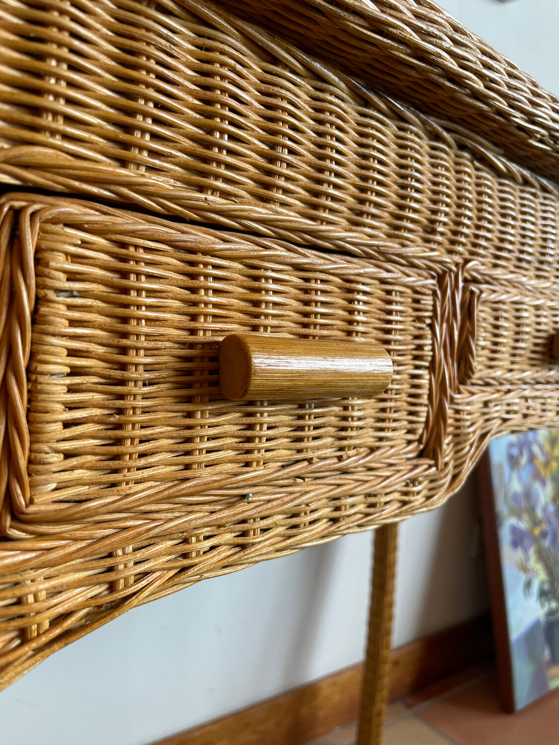 Rattan console desk with curved legs, 1970s