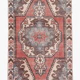 Tapis oriental vintage en laine, médaillon géométrique corail et bleu