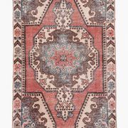 Tapis oriental vintage en laine, médaillon géométrique corail et bleu
