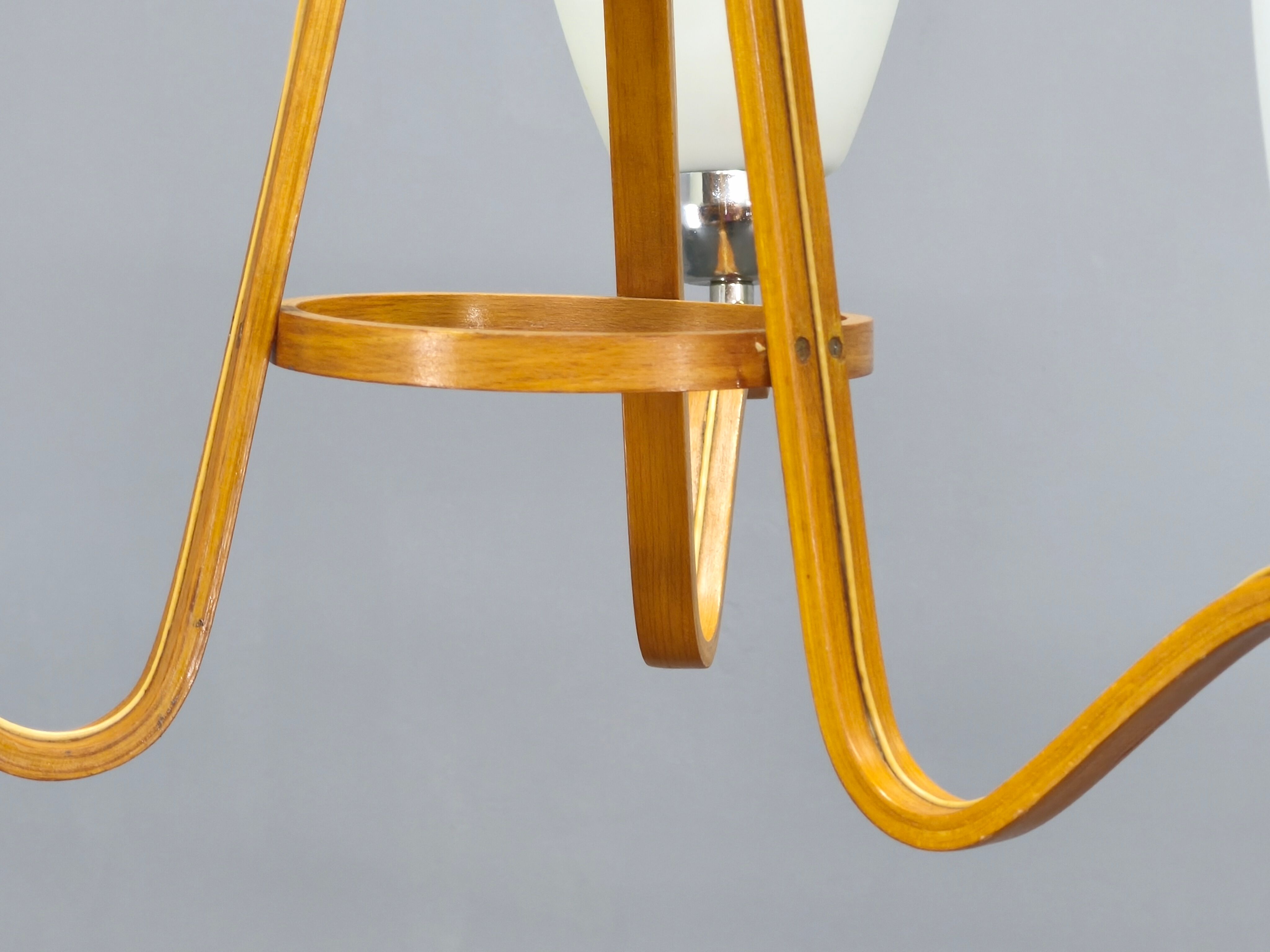 Pair of Czech Mid-Century Wood and Glass Chandeliers by Dřevo Humpolec