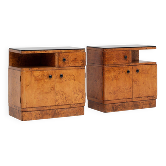 Pair of Art Deco nightstands in burlwood with black lacquered top