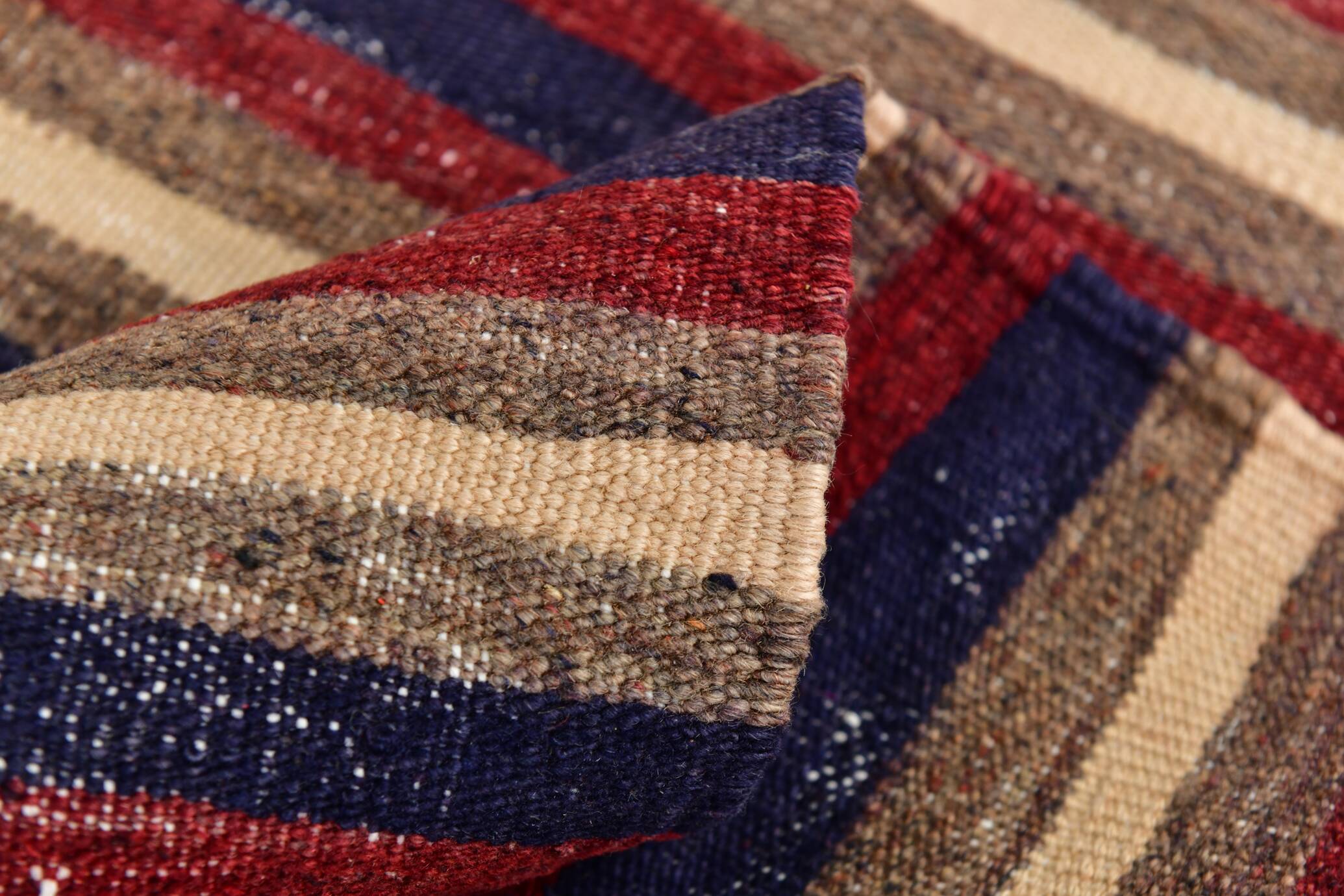 4x9 Red & Navy Blue Pinstriped Pattern Turkish Kilim Rug, 136x284Cm