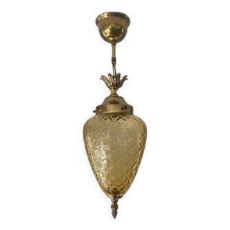 Pineapple chandelier in amber glass and brass