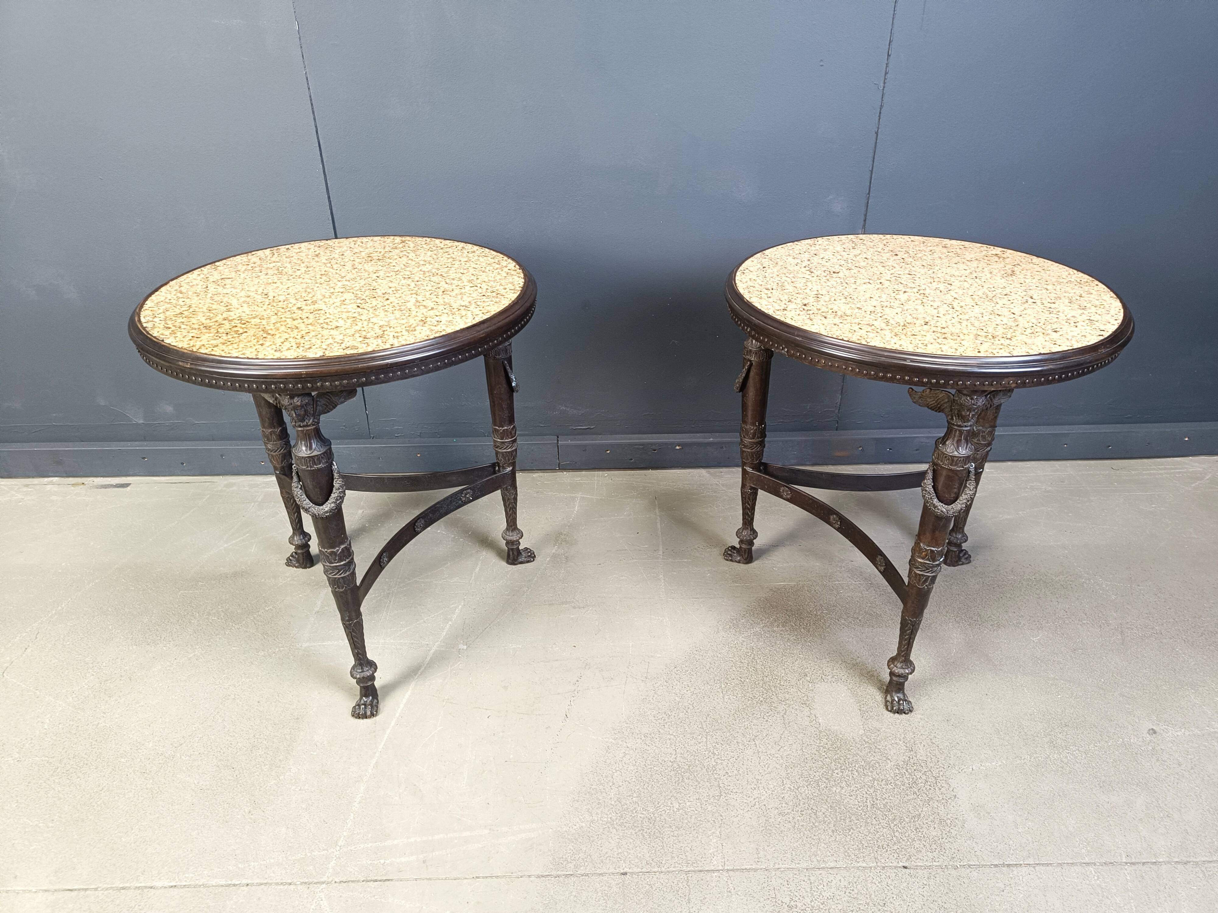 French Empire style marble and bronze side tables, 1950s