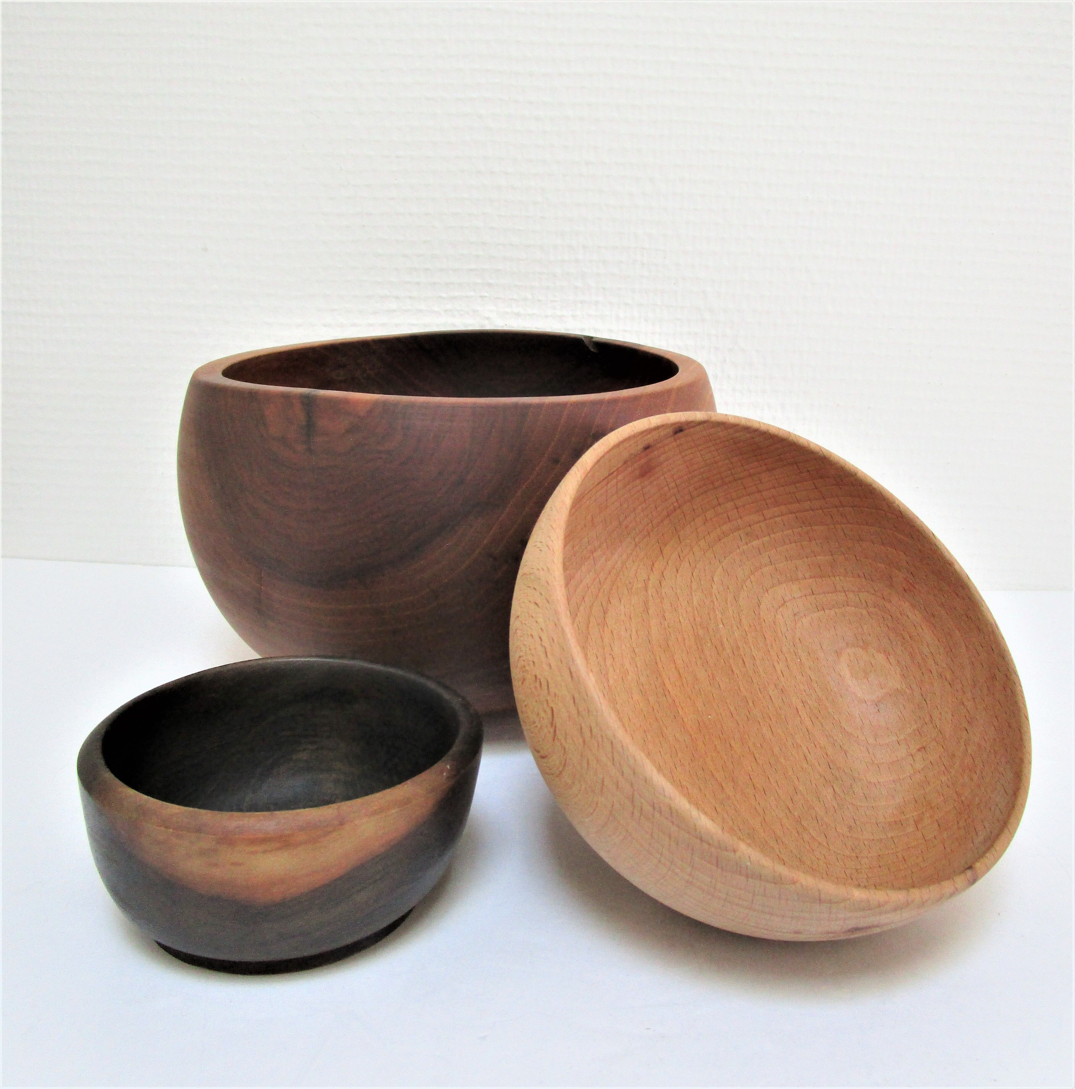 Three bowls solid wood turned patinated vintage