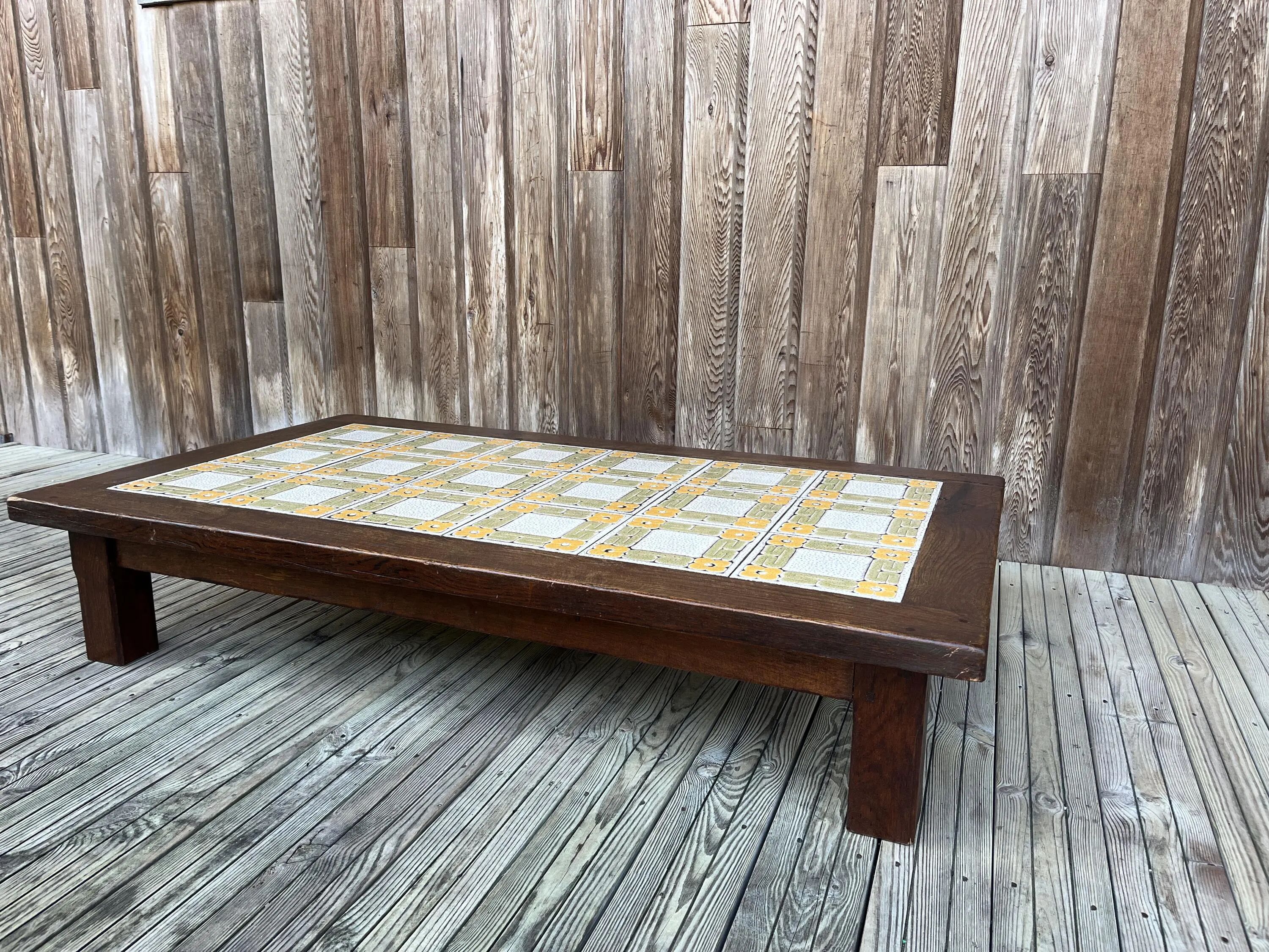 Large vintage 1960s oak and ceramic coffee table.