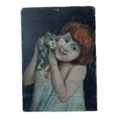 Portrait of child and cat on wooden panel
