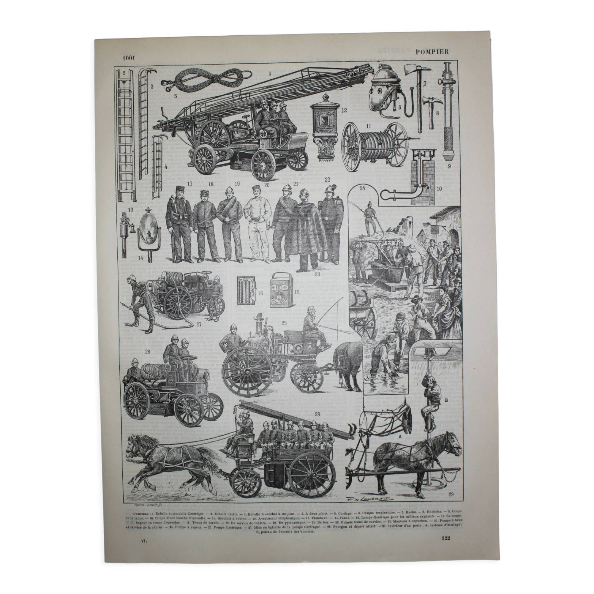 Lithograph • fireman, ambulance, fire, rescue • Original engraving from 1898