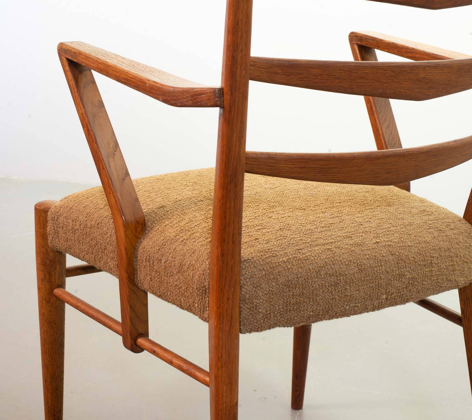 Cees Braakman Dutch Design Wooden Ladder Arm Chairs & Caramel Bouclé Fabric