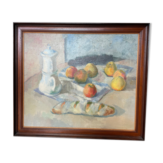 Still life with apples, bread and coffee maker - de beech