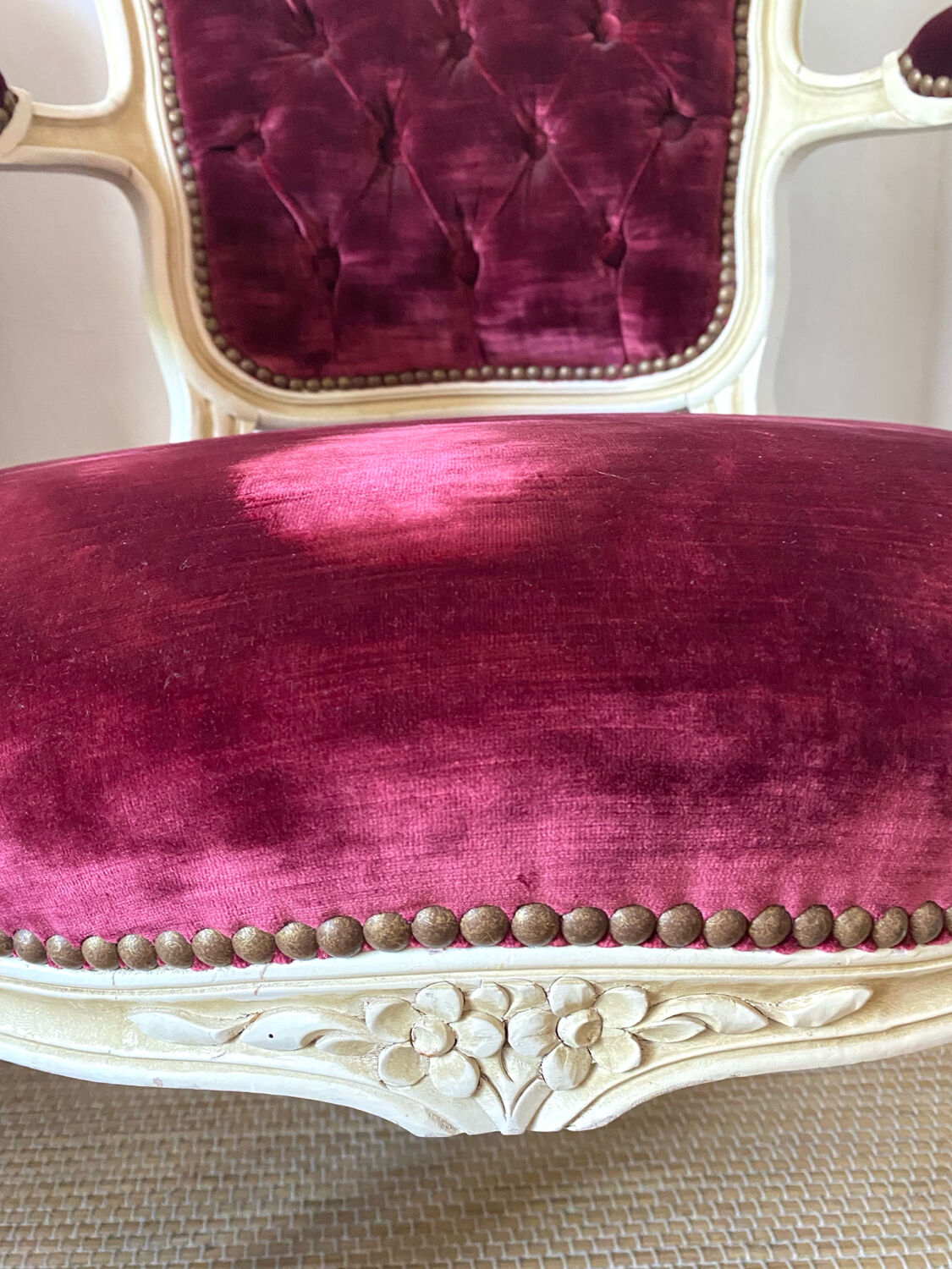 Pair of Louis XV style upholstered velvet armchairs