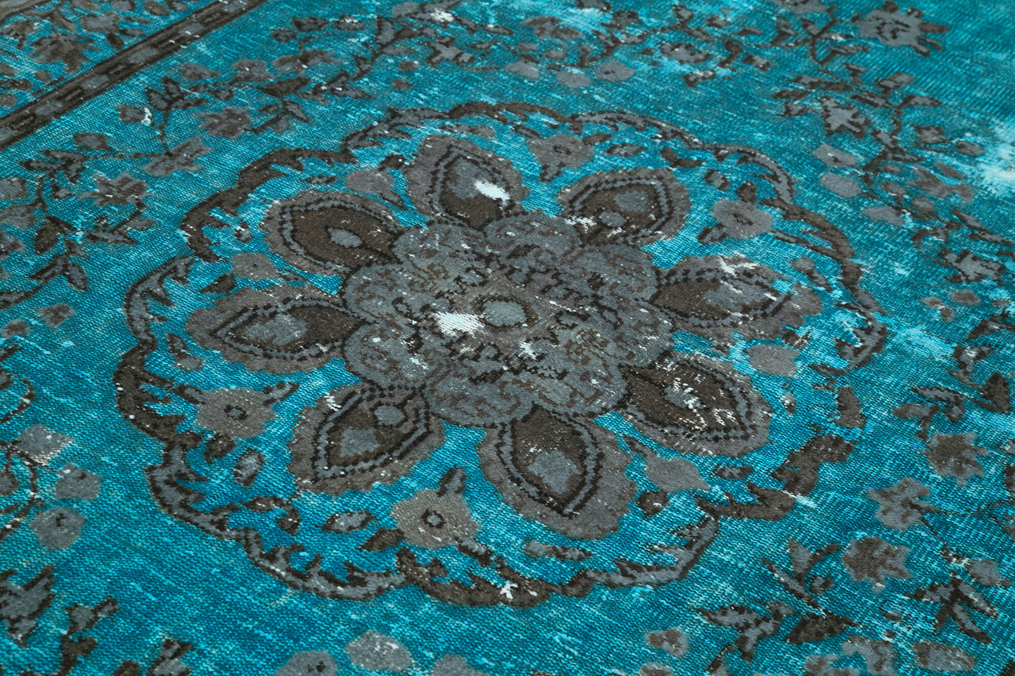 Hand-knotted distressed oriental 1970s 195 cm x 322 cm turquoise carpet