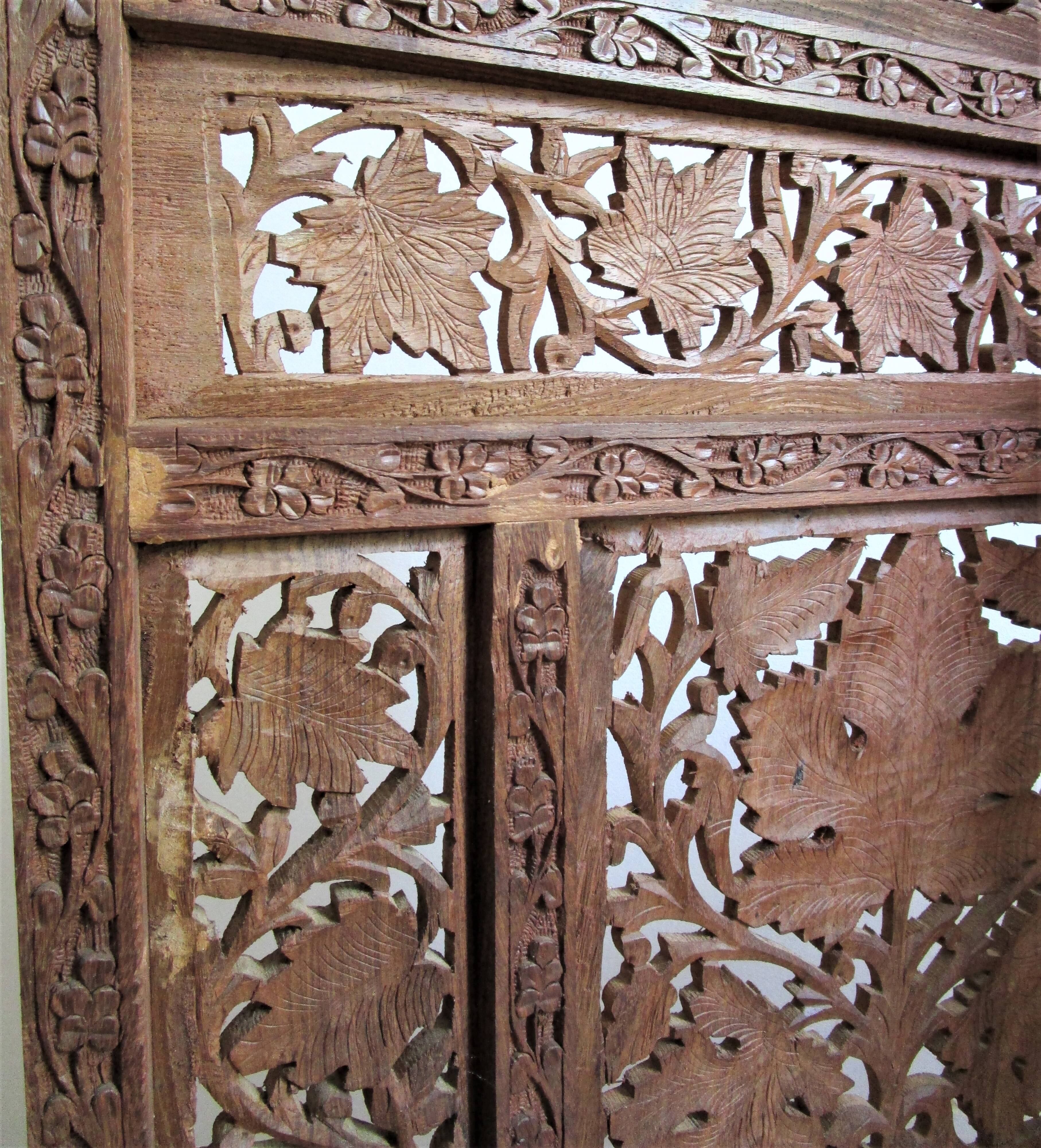 Solid wood screen carved four vintage panels height 98 cm