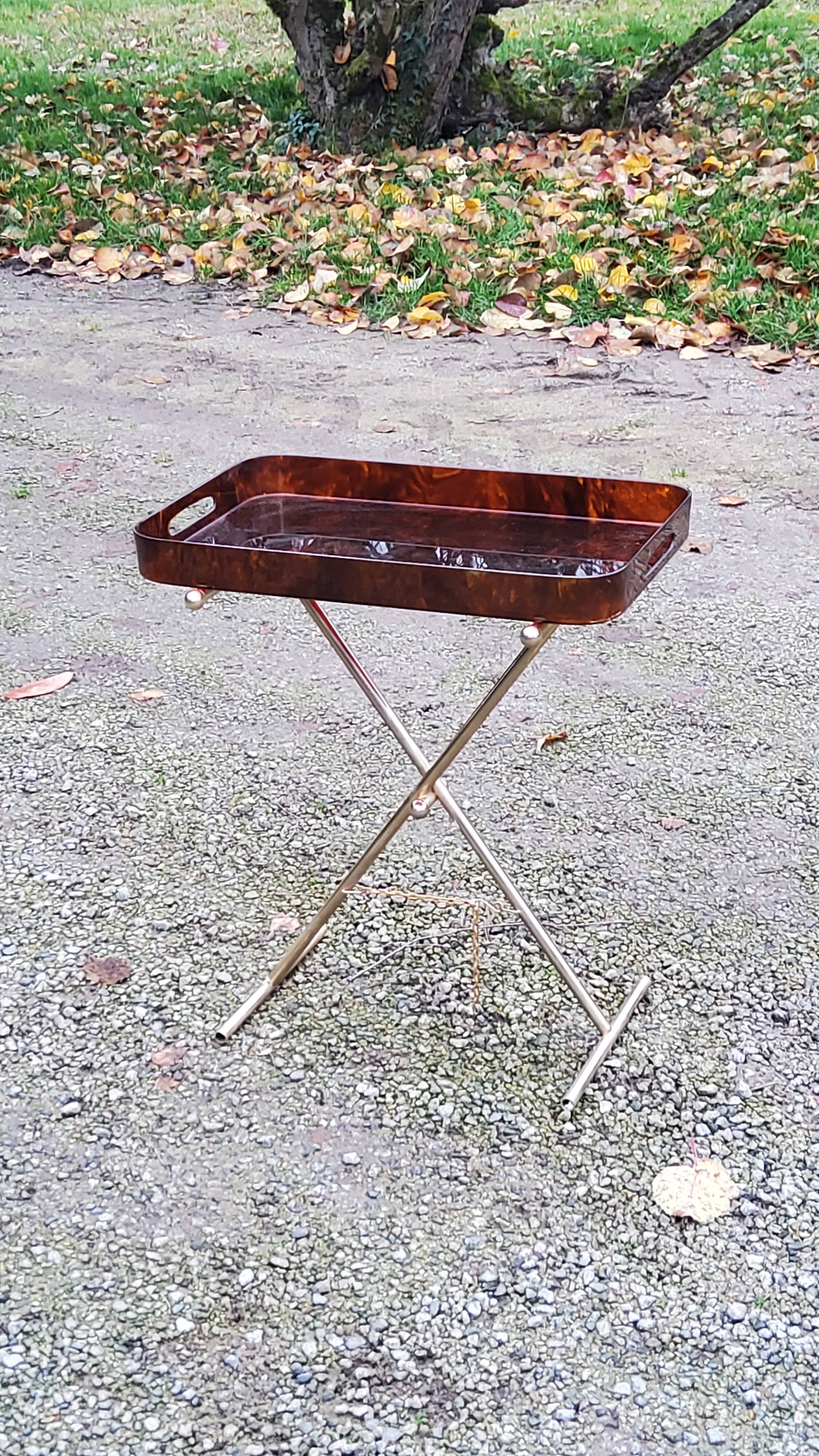 Gold metal side table with tortoiseshell lucite top from the 70s