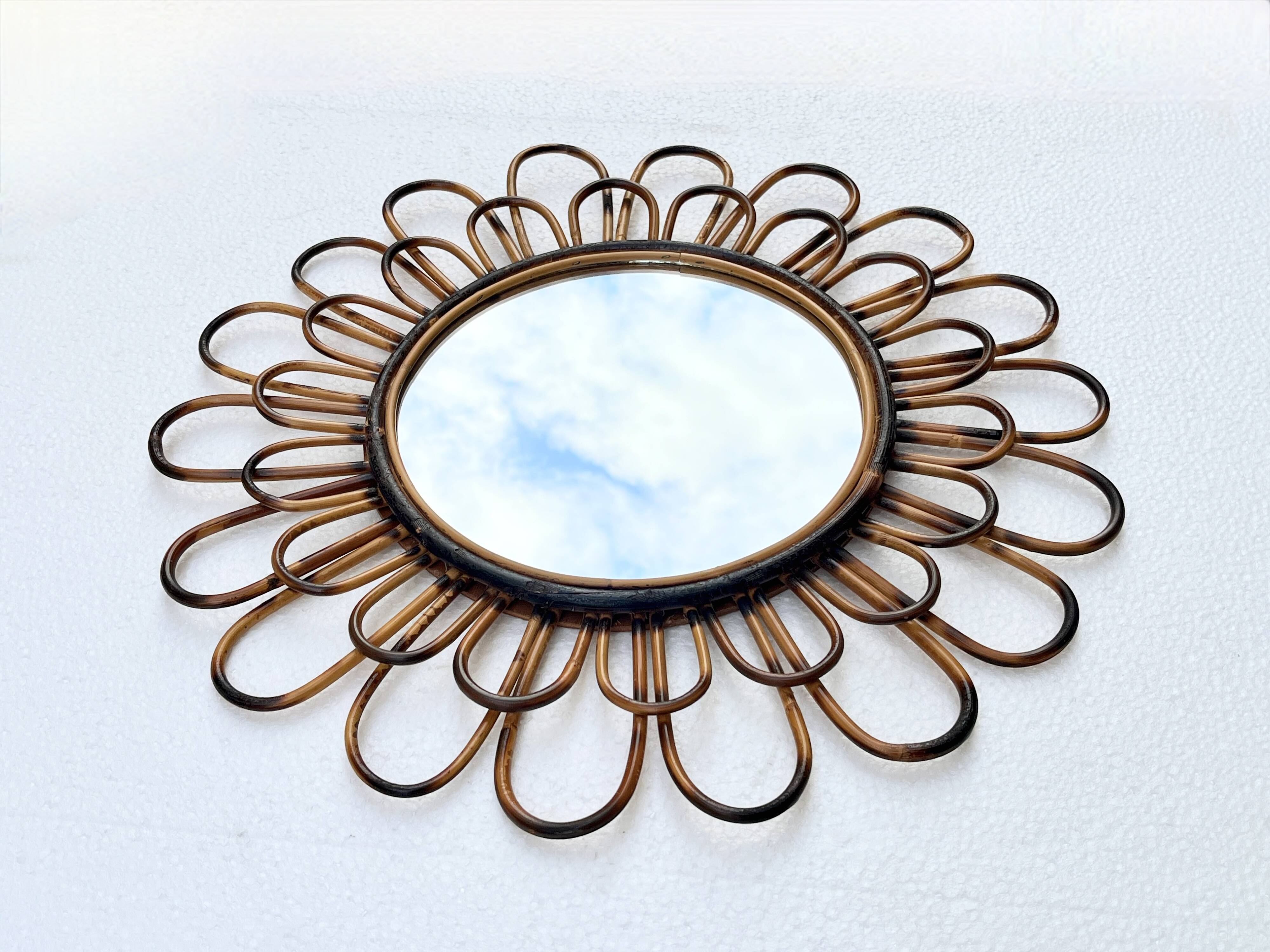 Round mirror flower sun in smoked rattan wicker vintage 1960 1970 47 cm folk