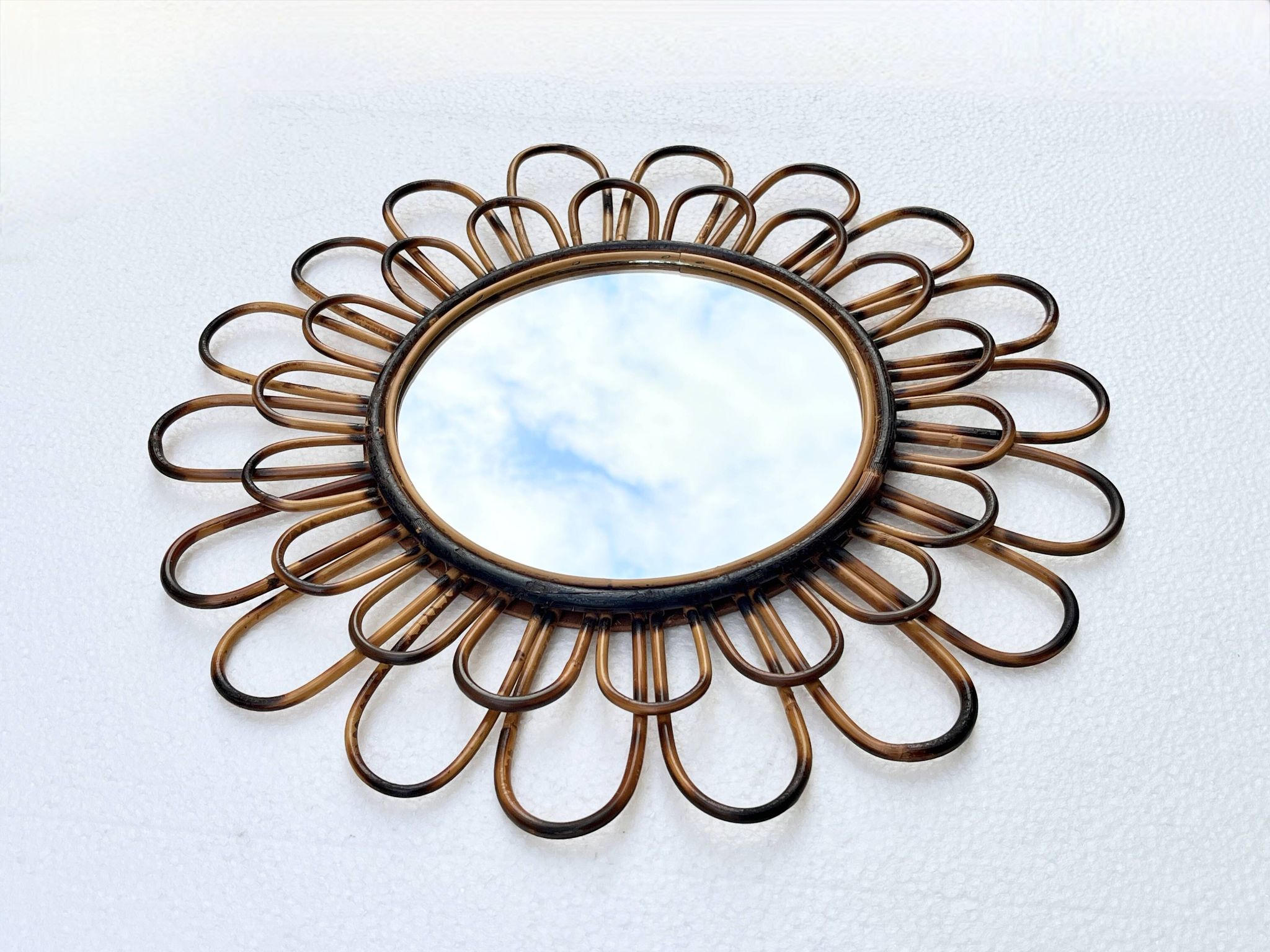 Round flower sun mirror in smoked wicker rattan vintage 1960s 1970s 47 cm folk