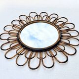Round mirror flower sun in smoked rattan wicker vintage 1960 1970 47 cm folk