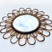 Round flower sun mirror in smoked wicker rattan vintage 1960s 1970s 47 cm folk