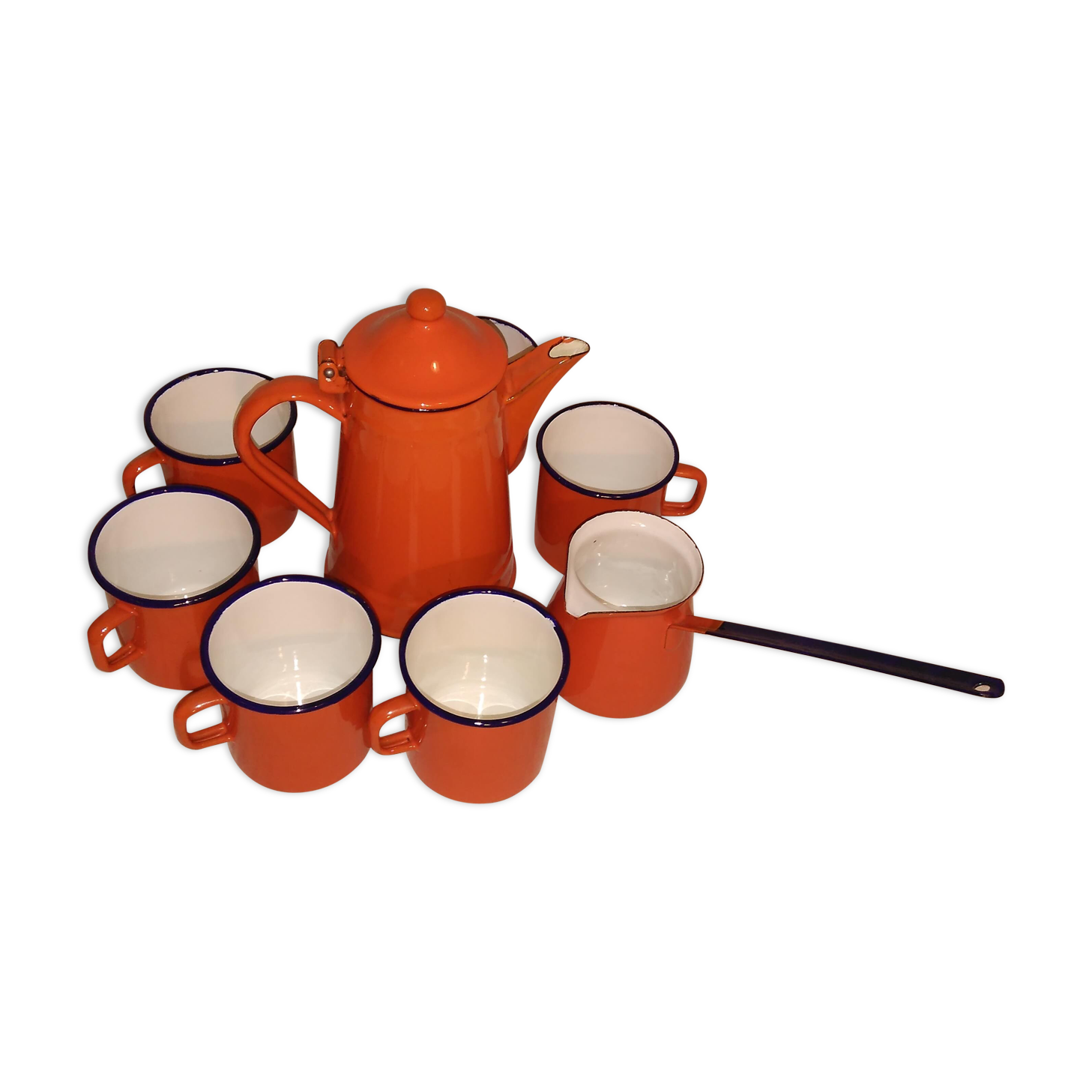 Orange enamelled iron coffee service