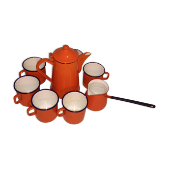 Orange enamelled iron coffee service