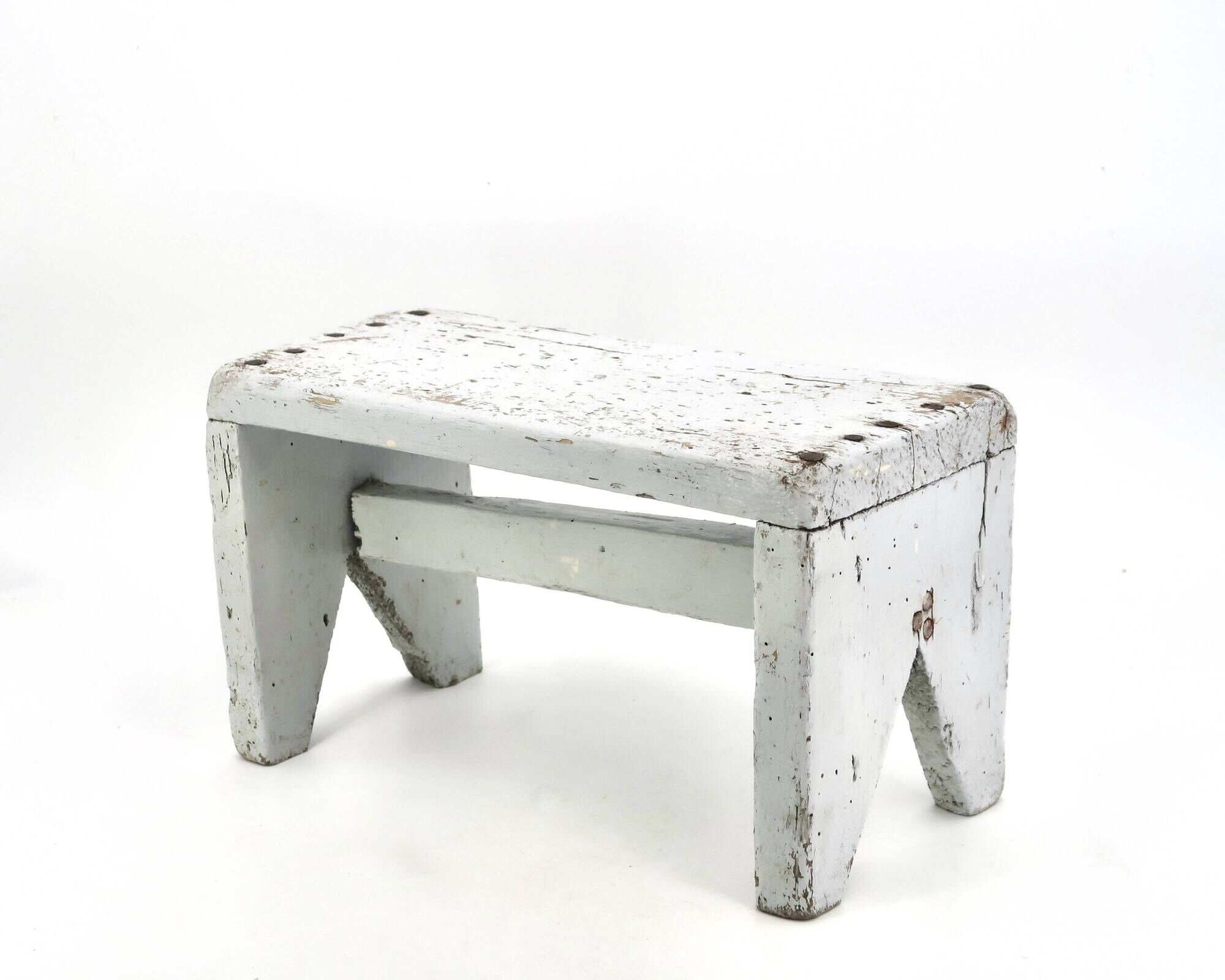 Small grey bench or wooden step stool, plant stand from the 1950s.