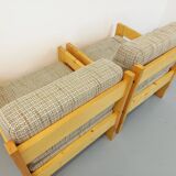 Set of 2 vintage fireside chairs in pine and fabric from the 70s