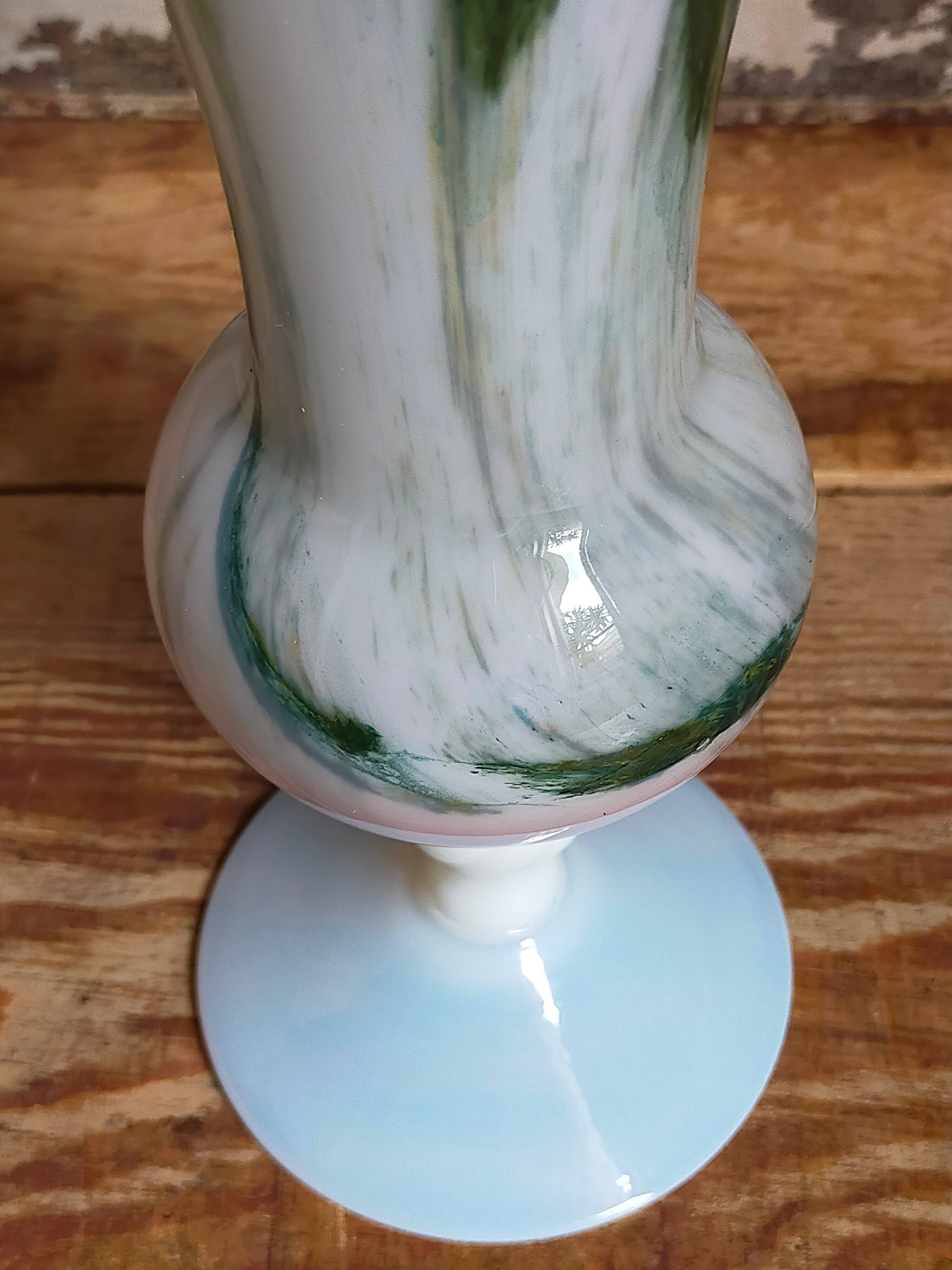 Vase on foot in opaline and vintage blown glass 30 cm