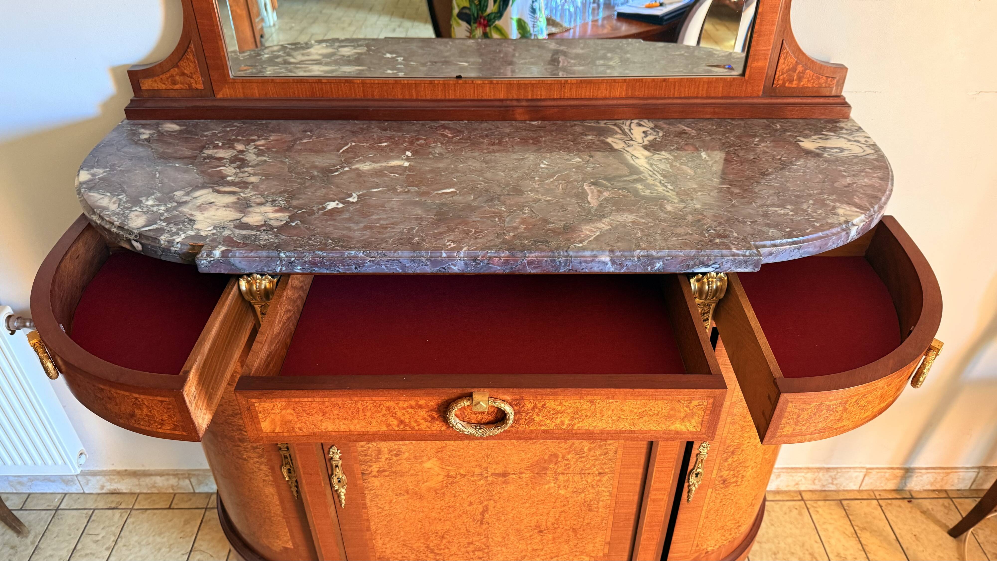 Rare antique buffet with marble, bronze, and marquetry in the Louis XVI style.
