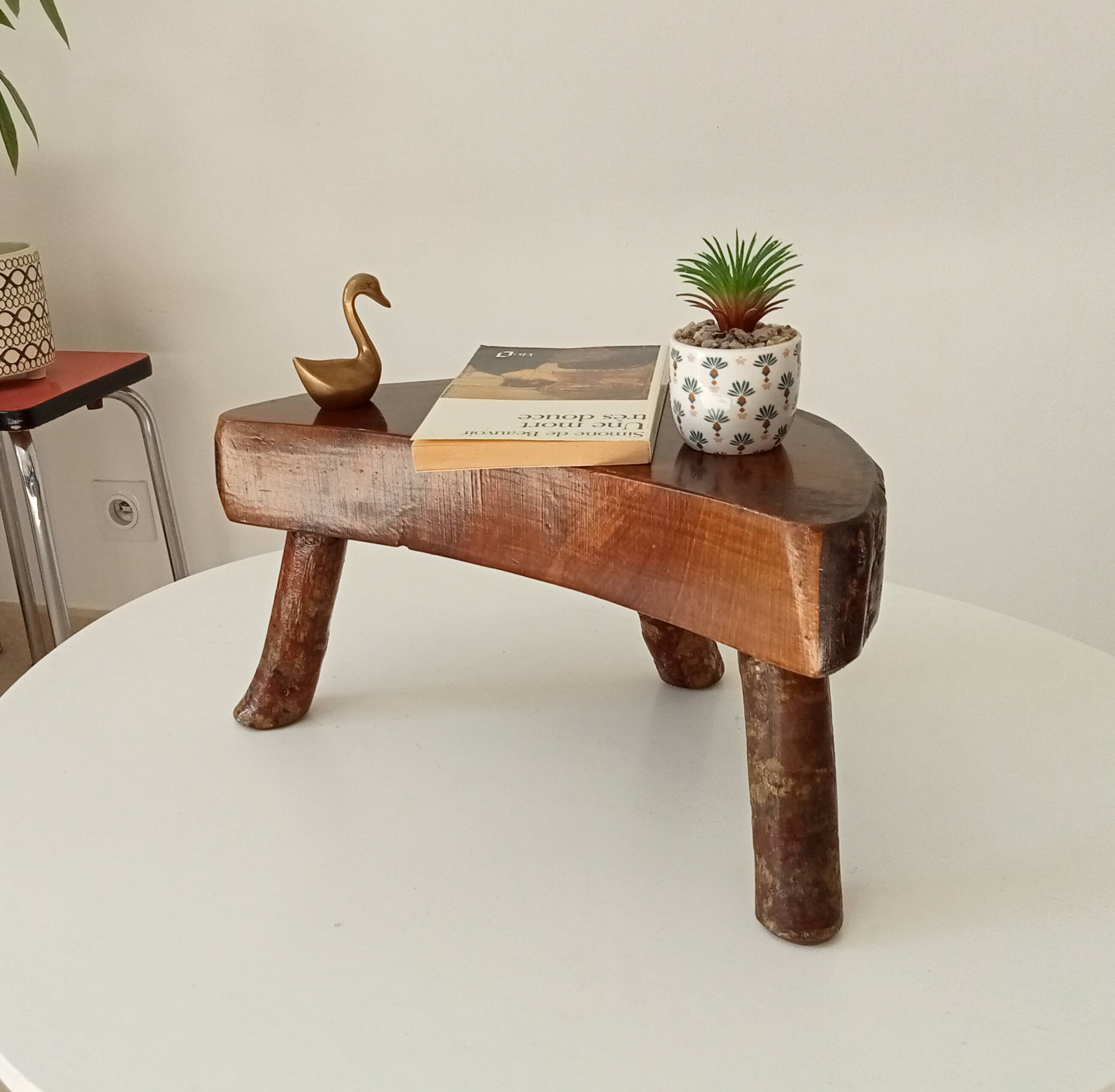 Vintage brutalist tripod stool in solid olive wood