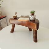 Vintage brutalist tripod stool in solid olive wood