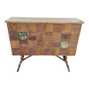 Bar vintage rotin attribué à Audoux Minet année 50