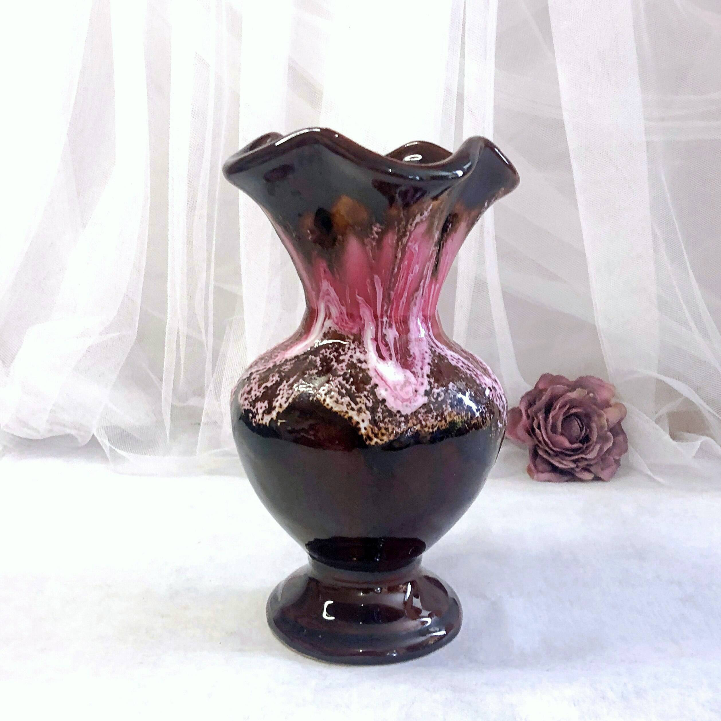 Seafoam tulipwood vase, brown and pink, Vallauris, signed PG