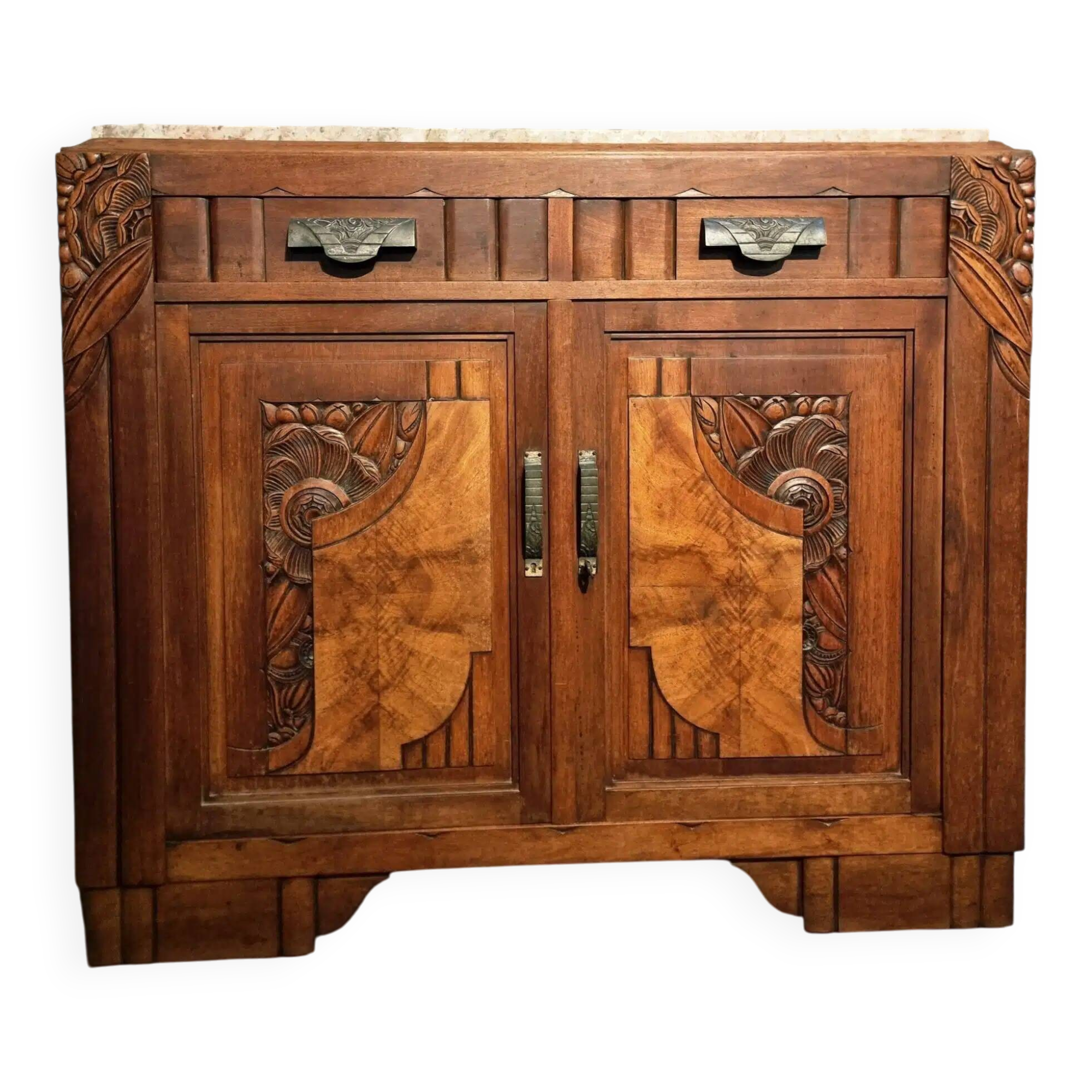 French Art Deco walnut sideboard with marble top (1920s)