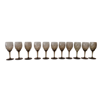 Set of 11 glasses with chiseled vintage 60s transparent brown